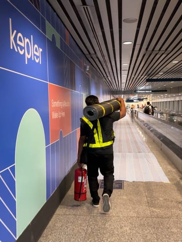 A worker in a high-visibility vest carrying a roll along a corridor past a Kepler wall panel.